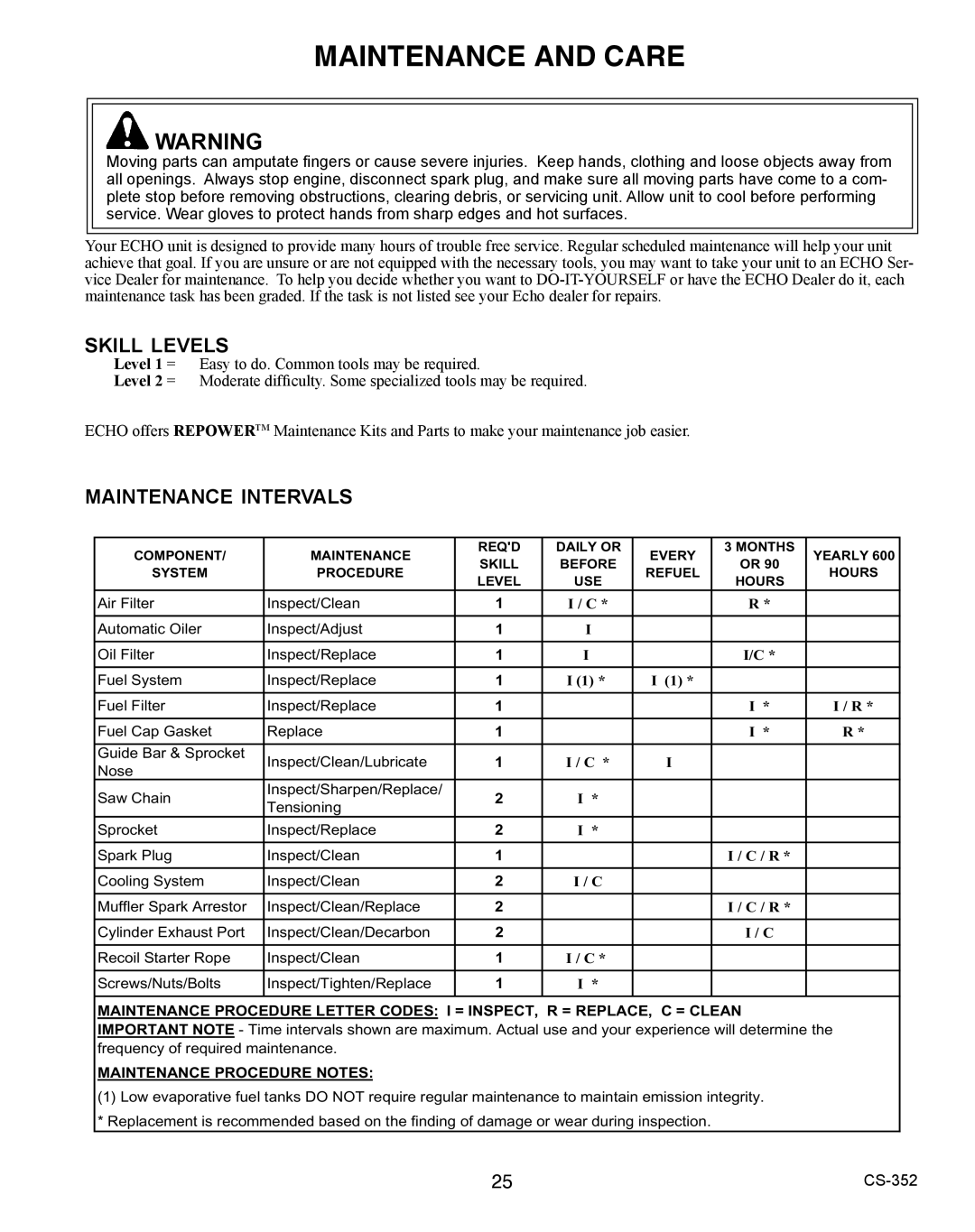 Echo X750020201 instruction manual Maintenance and Care, Skill levels 