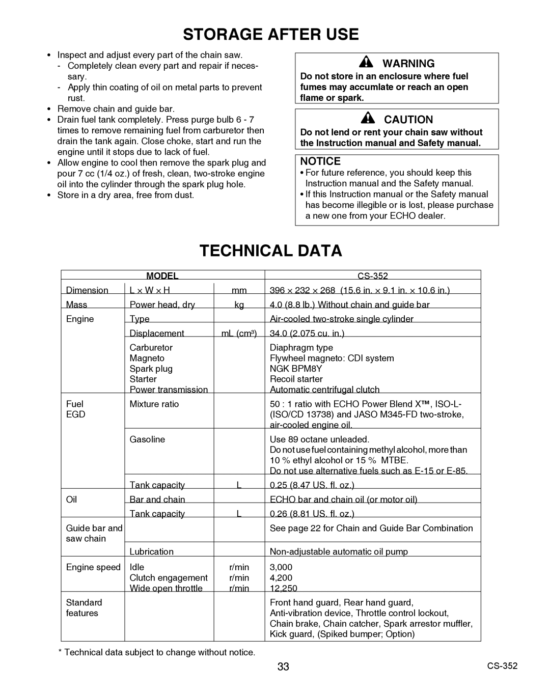 Echo X750020201 instruction manual Storage After USE, Technical Data 