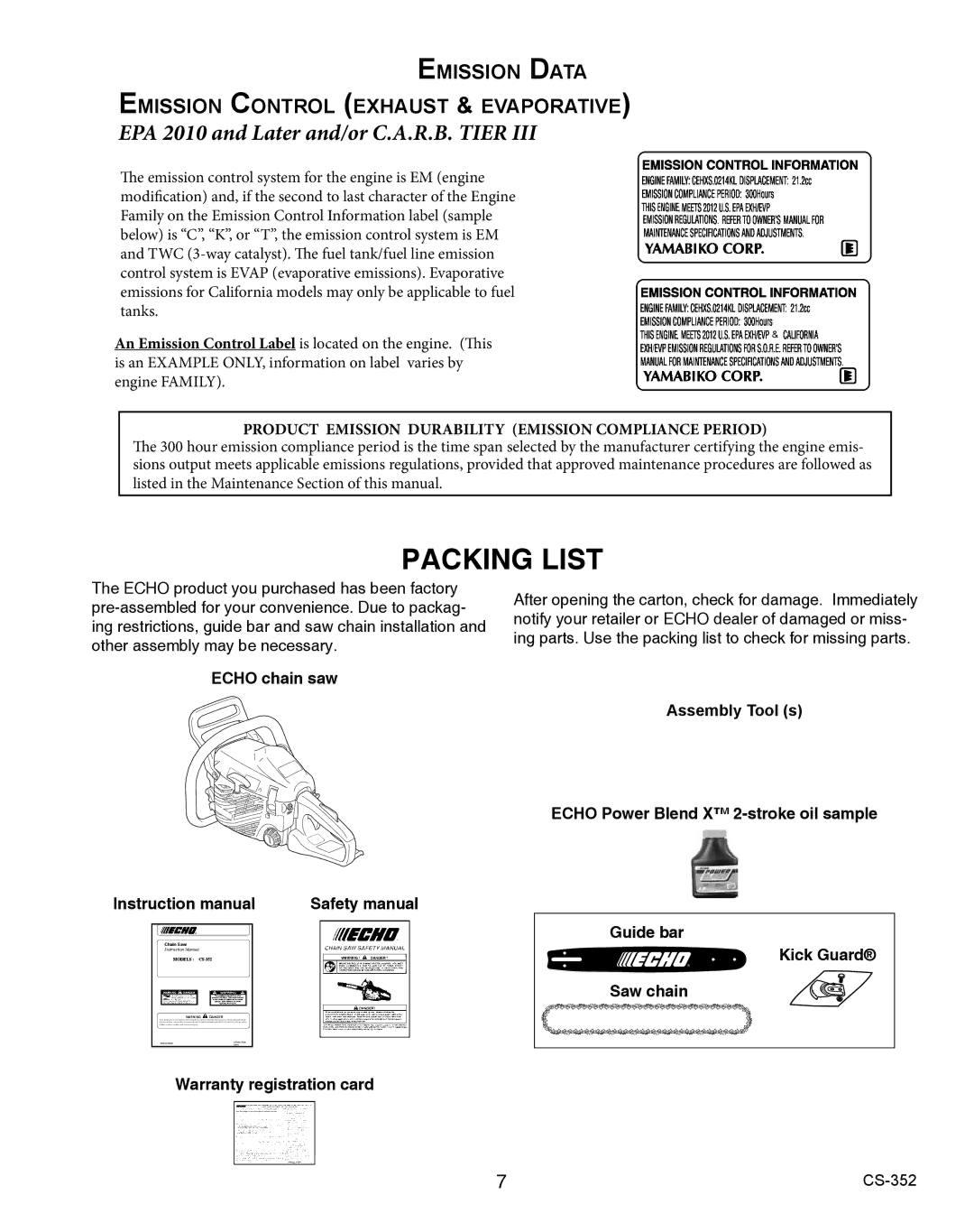 Echo X750020201 instruction manual Packing List, EPA 2010 and Later and/or C.A.R.B. Tier 