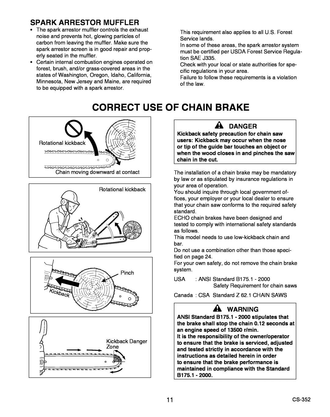Echo X750020201 instruction manual Correct Use Of Chain Brake, Spark Arrestor Muffler, Danger 