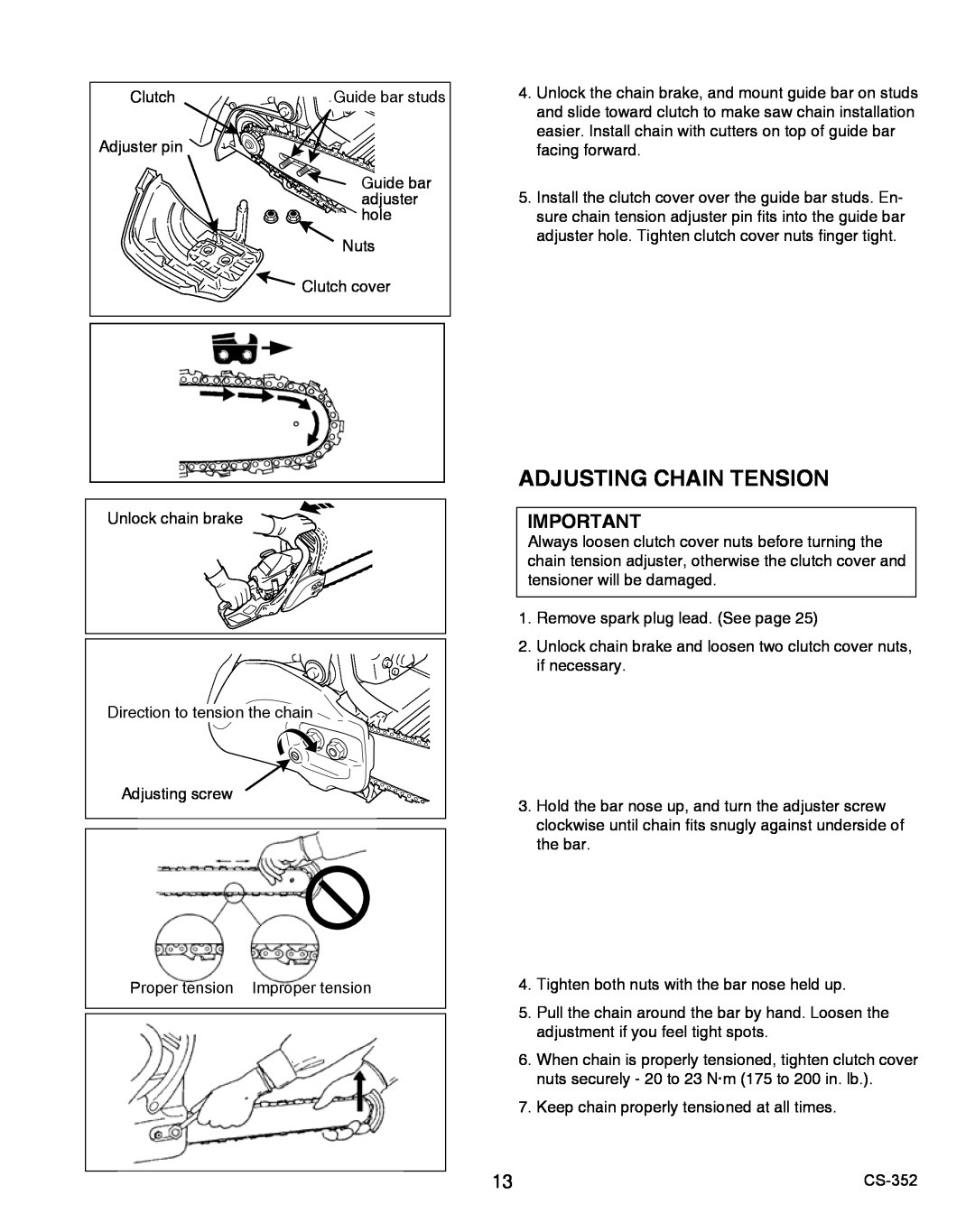 Echo X750020201 instruction manual Adjusting Chain Tension, Proper tension Improper tension, CS-352 