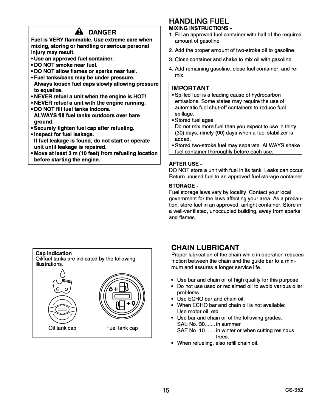 Echo X750020201 instruction manual Handling Fuel, Chain Lubricant, Danger 