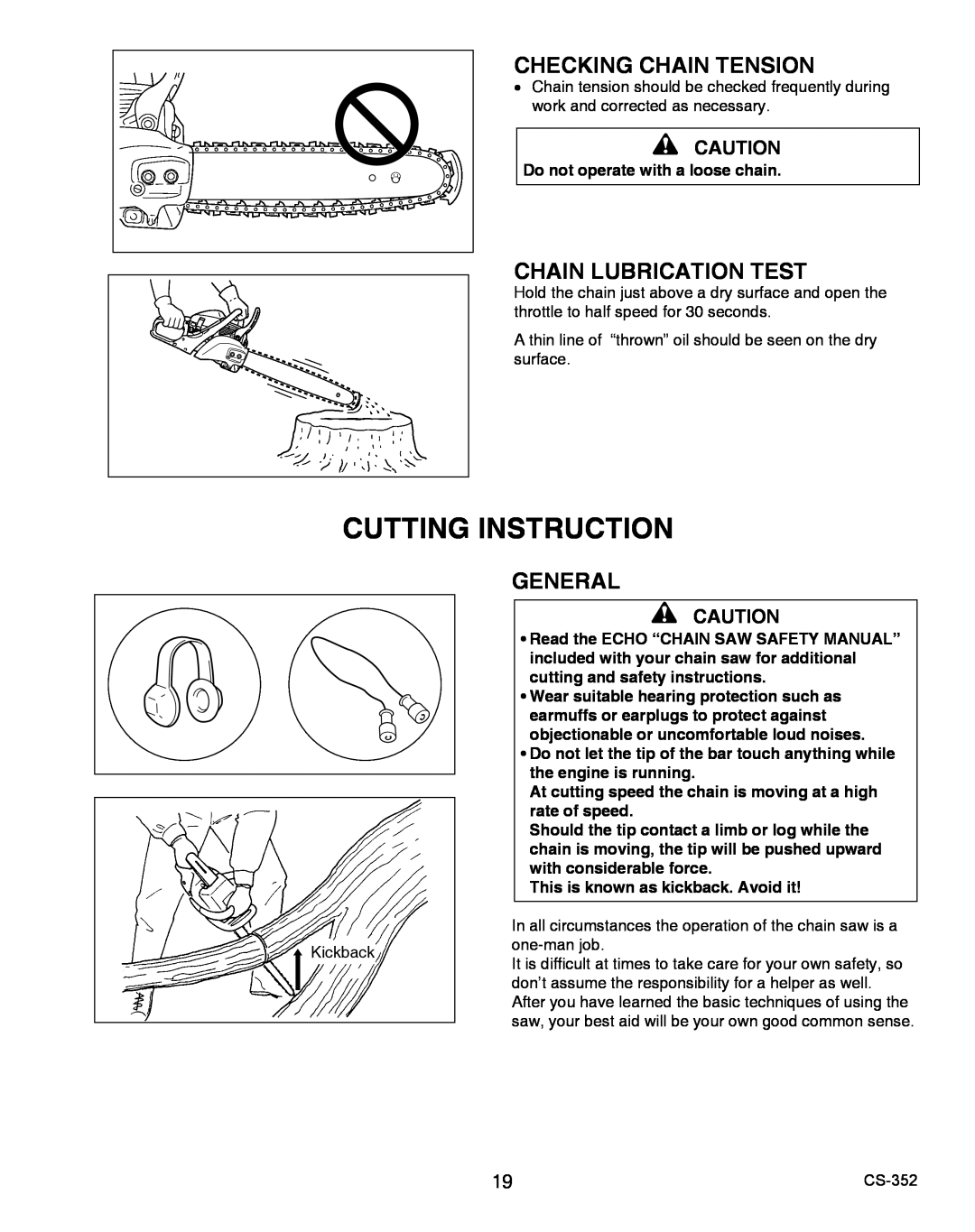 Echo X750020201 instruction manual Cutting Instruction, Checking Chain Tension, Chain Lubrication Test, General 