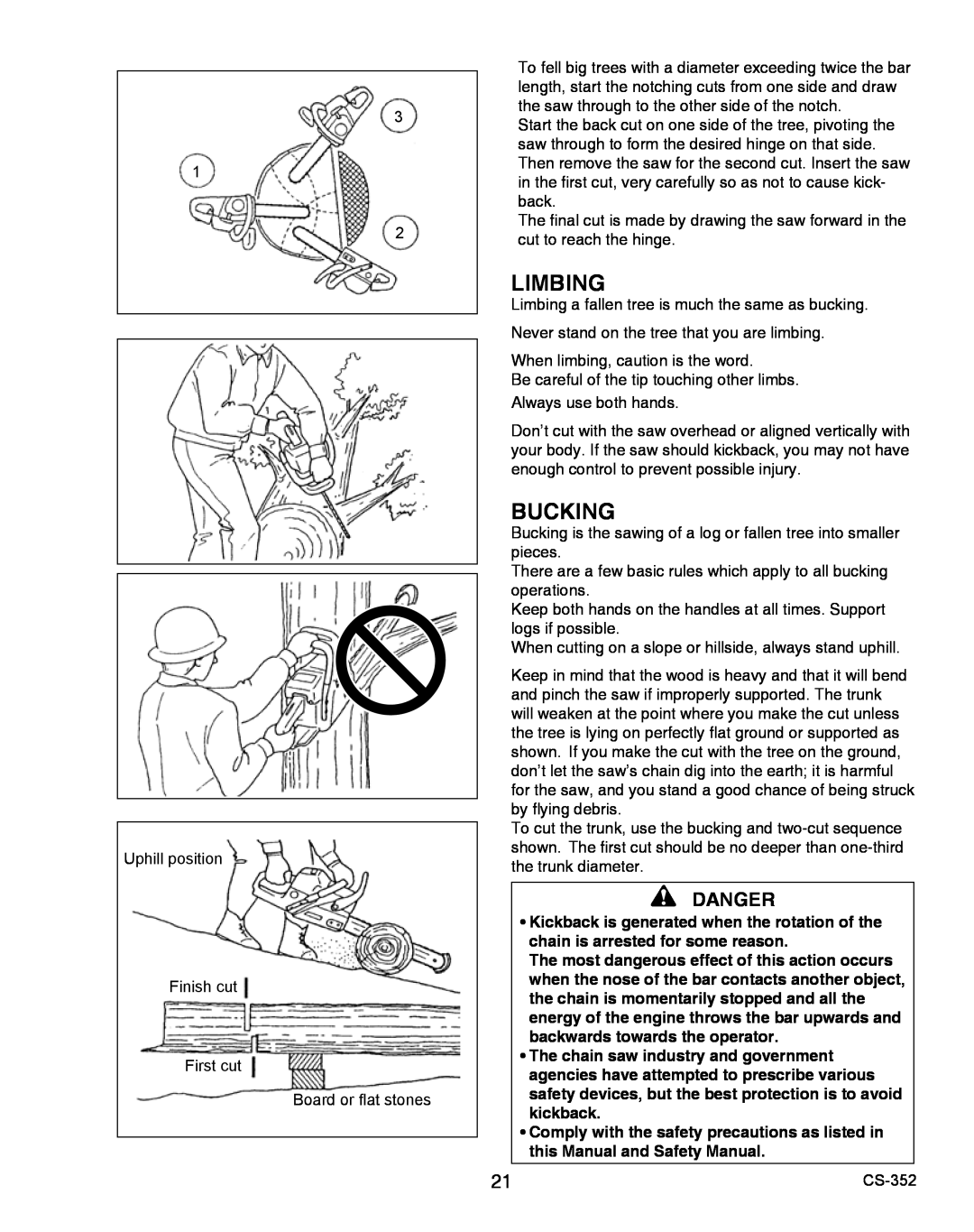 Echo X750020201 instruction manual Limbing, Bucking, Danger 