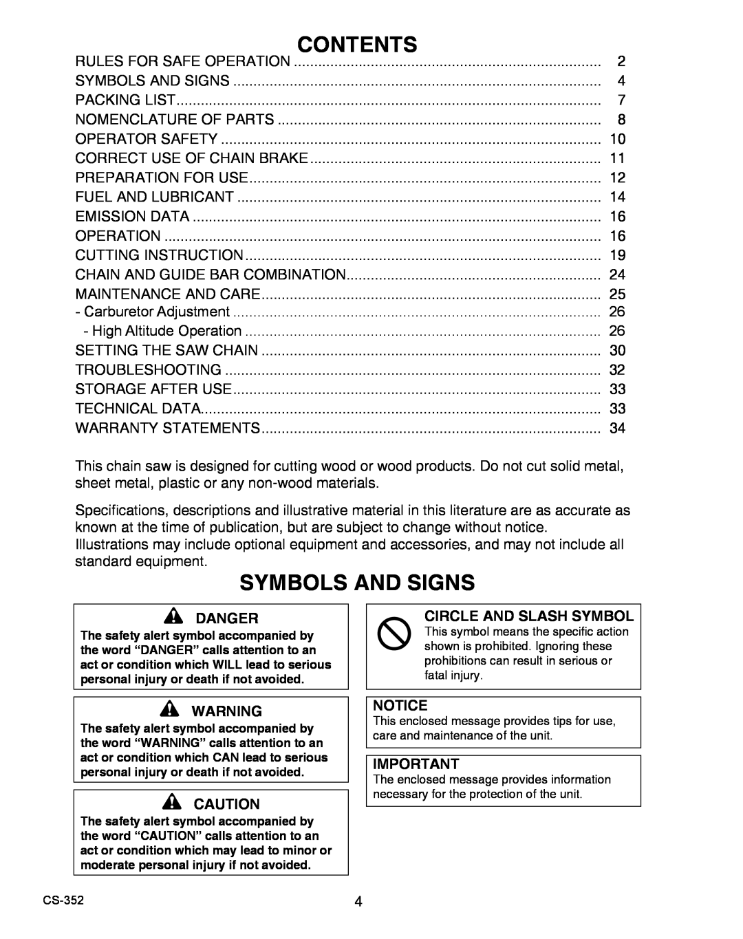 Echo X750020201 instruction manual Contents, Symbols And Signs, Danger, Circle And Slash Symbol 