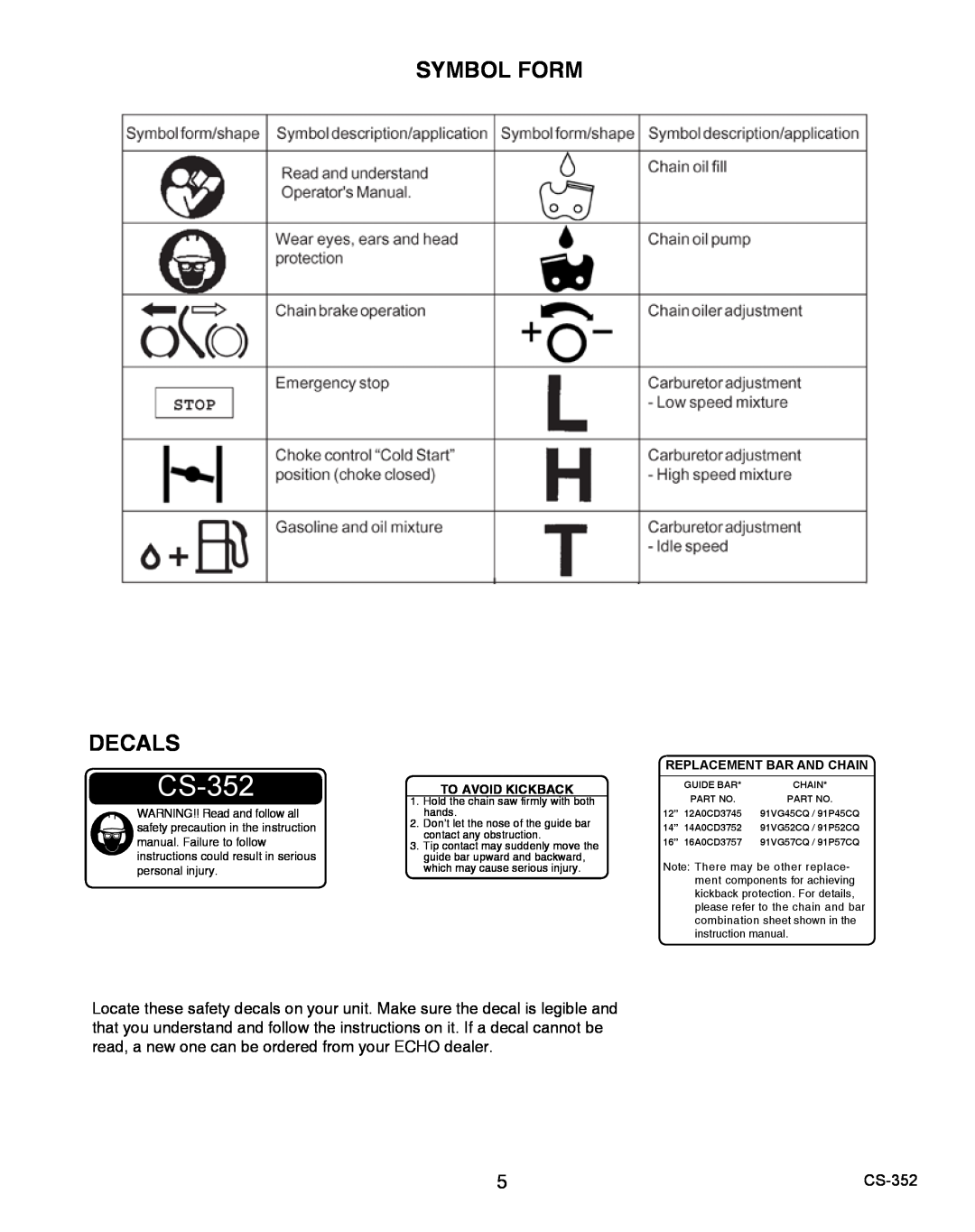 Echo X750020201 instruction manual Symbol Form, Decals, CS-352, To Avoid Kickback 