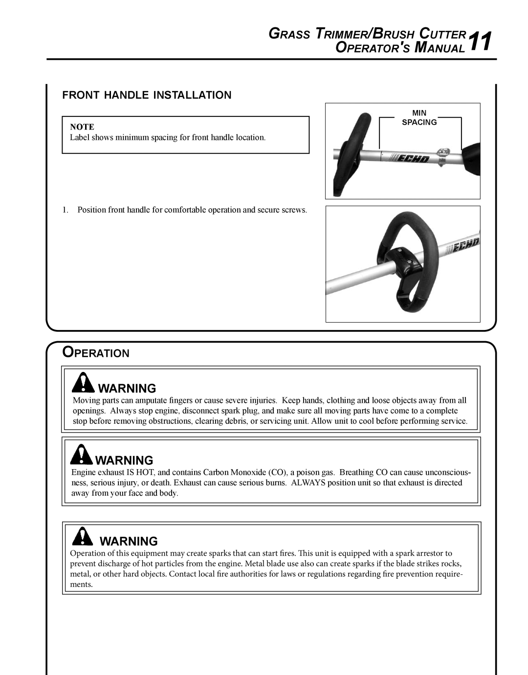 Echo SRM-266S, X7502026001, X750018671 Grass Trimmer/Brush Cutter11 Operators Manual, Front handle installation, Operation 