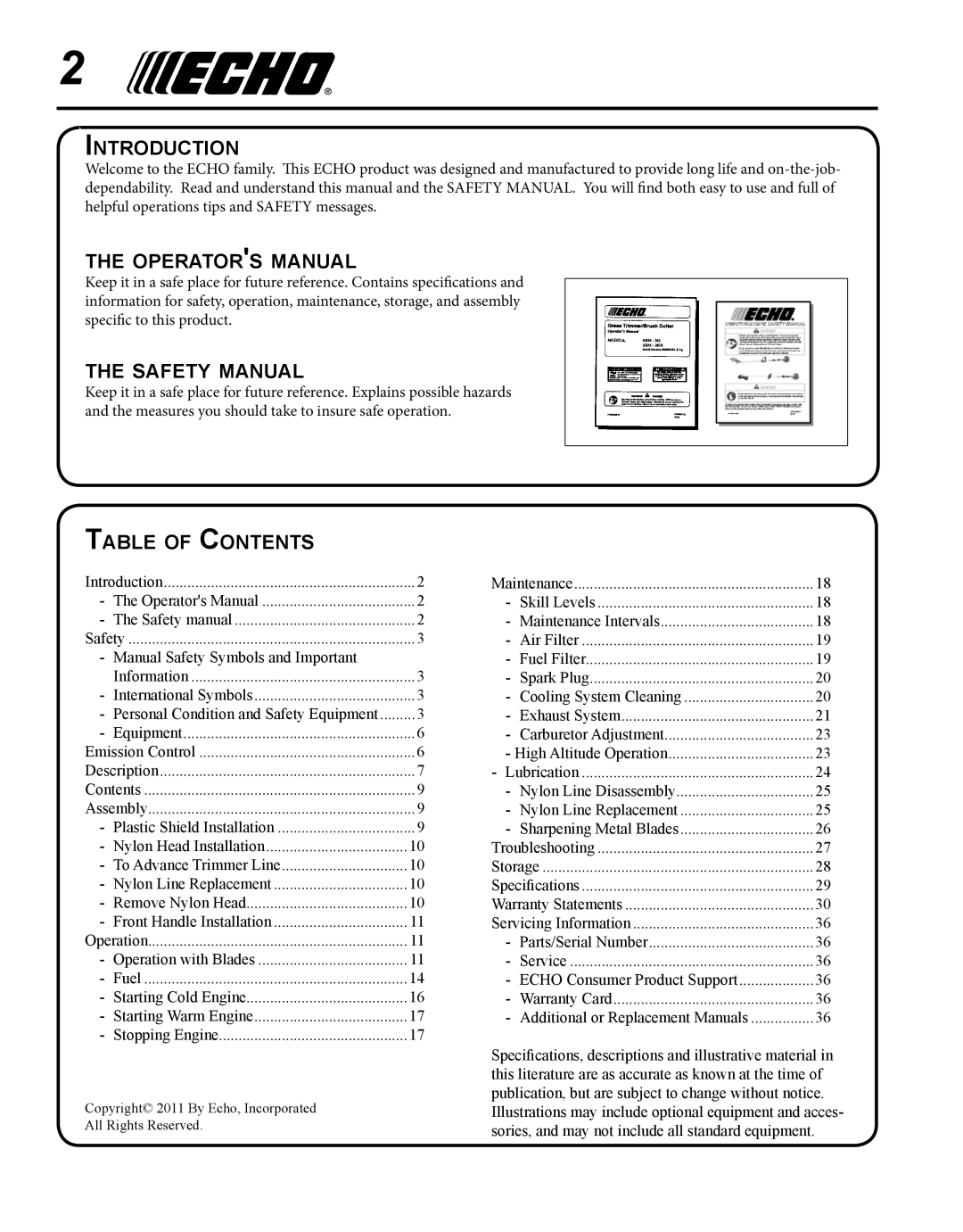 Echo X7502026001, X750018671, SRM-266S Introduction, Operators manual, Safety manual, Table of Contents 