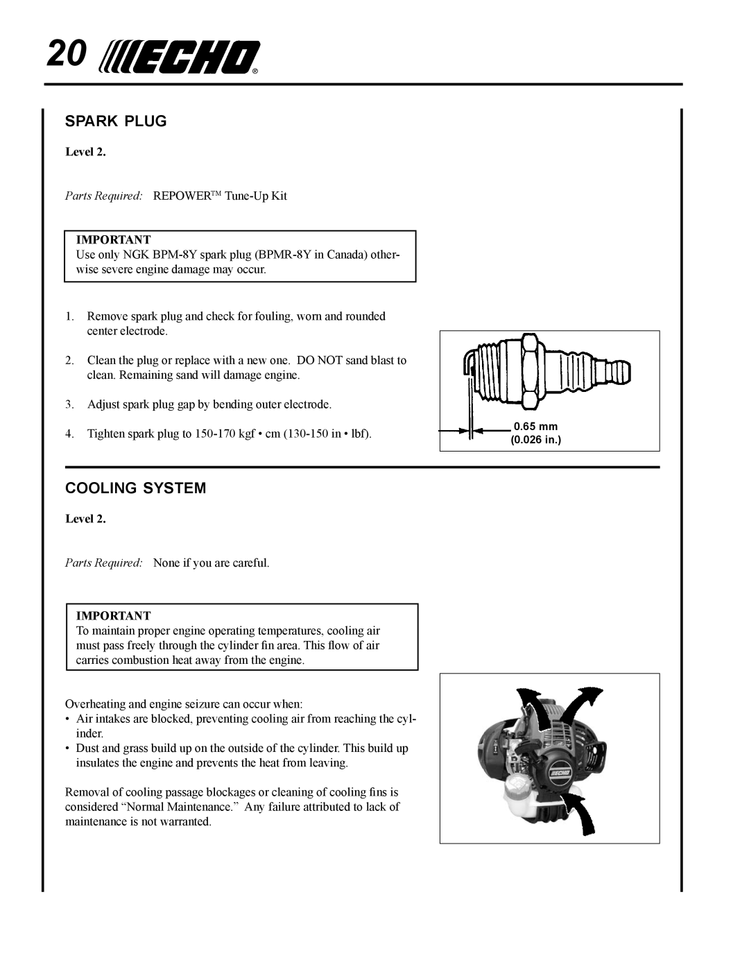 Echo X7502026001, X750018671, SRM-266S manual Spark plug, Cooling system 