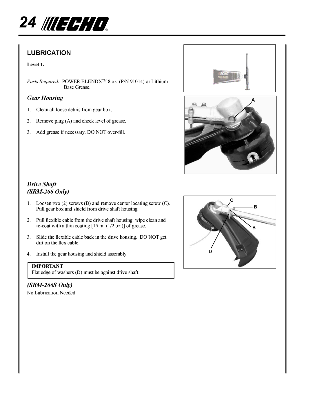 Echo X7502026001, X750018671 manual Lubrication, Gear Housing, Drive Shaft SRM-266 Only, SRM-266S Only 