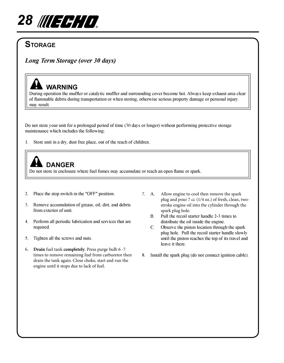 Echo X7502026001, X750018671, SRM-266S manual Long Term Storage over 30 days 