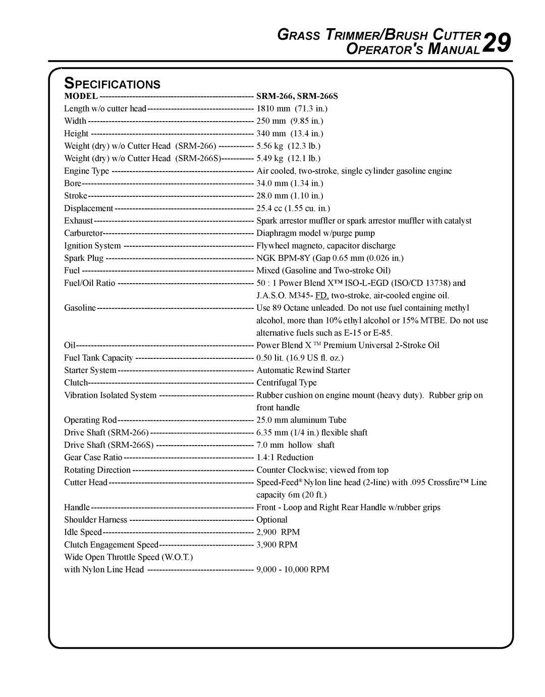 Echo X750018671, X7502026001, SRM-266S manual Grass Trimmer /Brush Cutter Operator s Manual, Specifications 