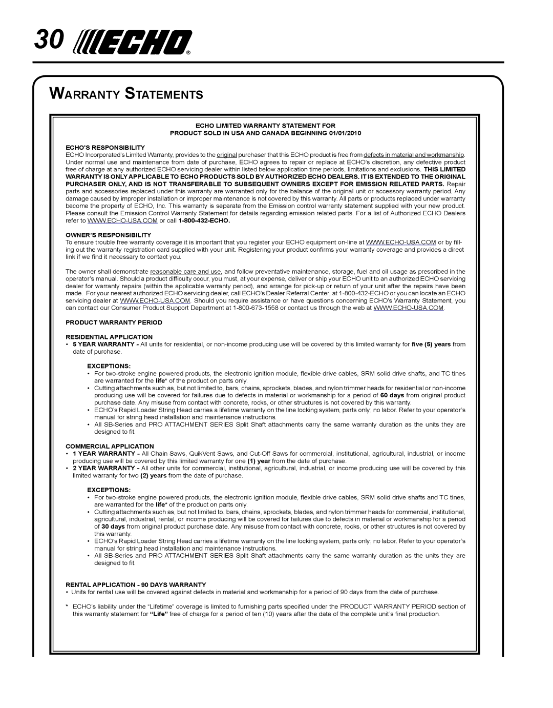 Echo X7502026001, X750018671, SRM-266S manual Warranty Statements, Exceptions 