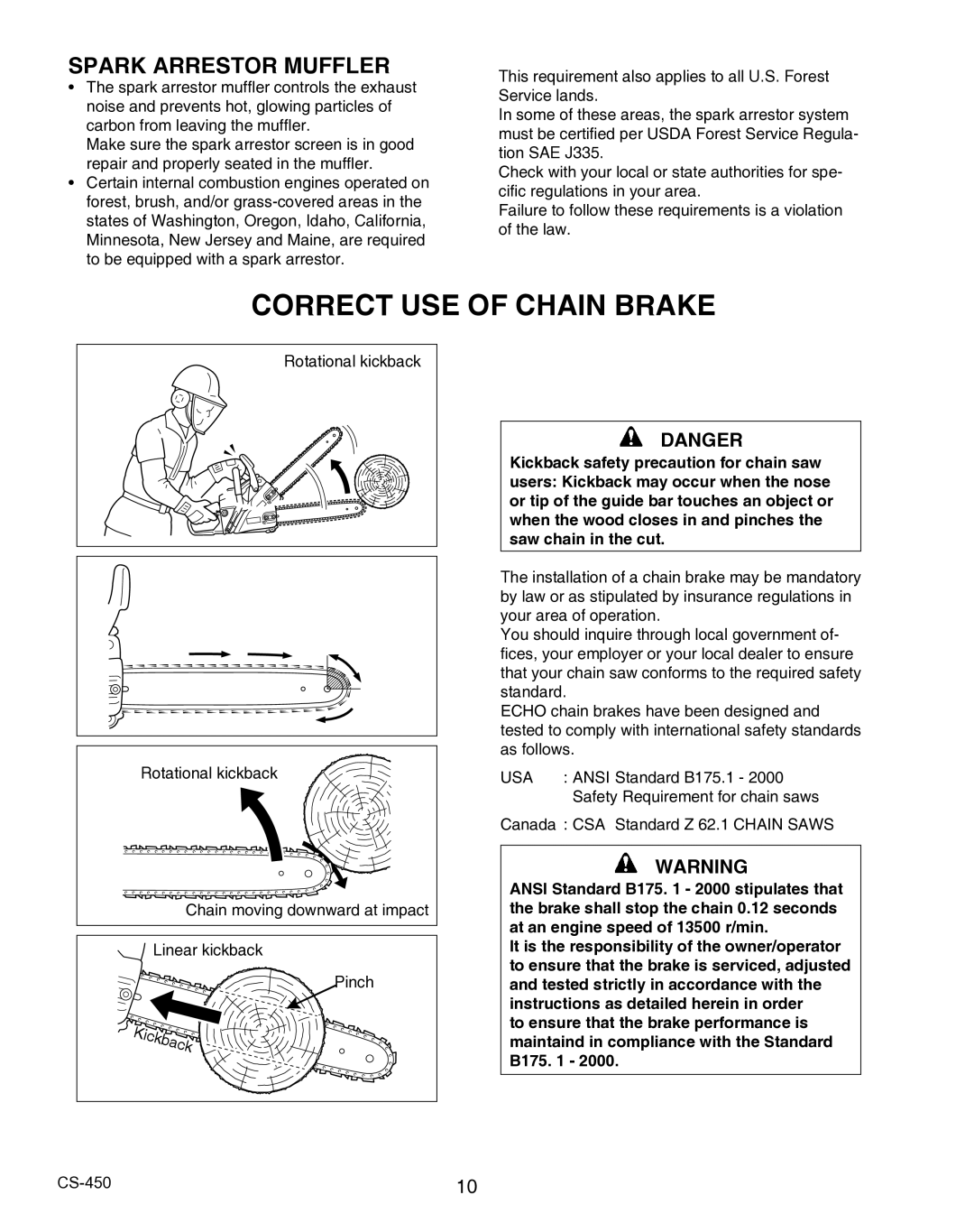 Echo X7503196704, X750010904 instruction manual Correct USE of Chain Brake, Spark Arrestor Muffler 