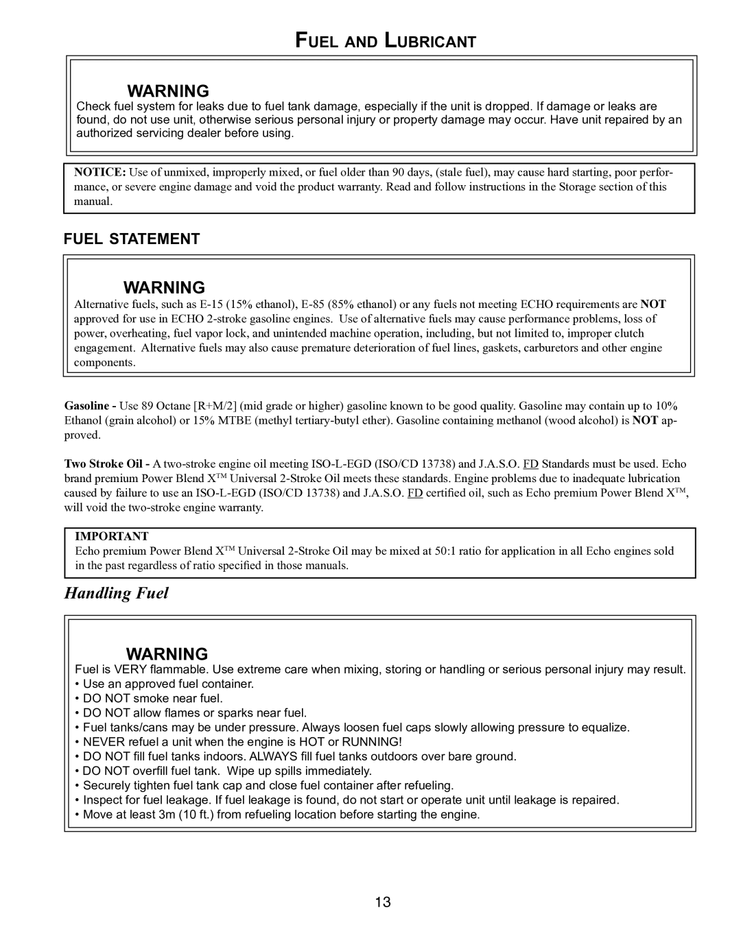 Echo X750010904, X7503196704 instruction manual Handling Fuel 