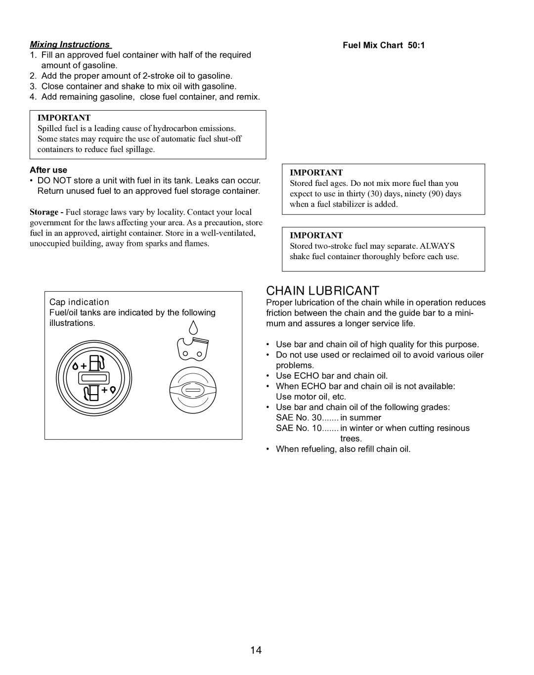 Echo X7503196704, X750010904 instruction manual Chain Lubricant, Mixing Instructions 