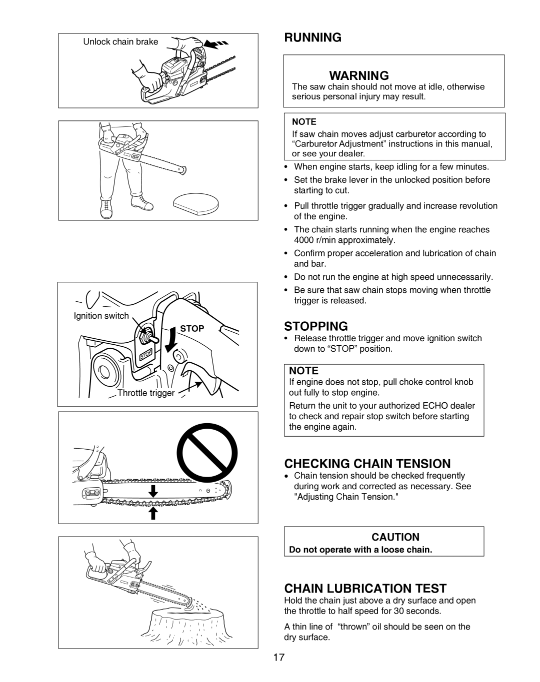 Echo X750010904, X7503196704 instruction manual Running, Stopping, Checking Chain Tension, Chain Lubrication Test 