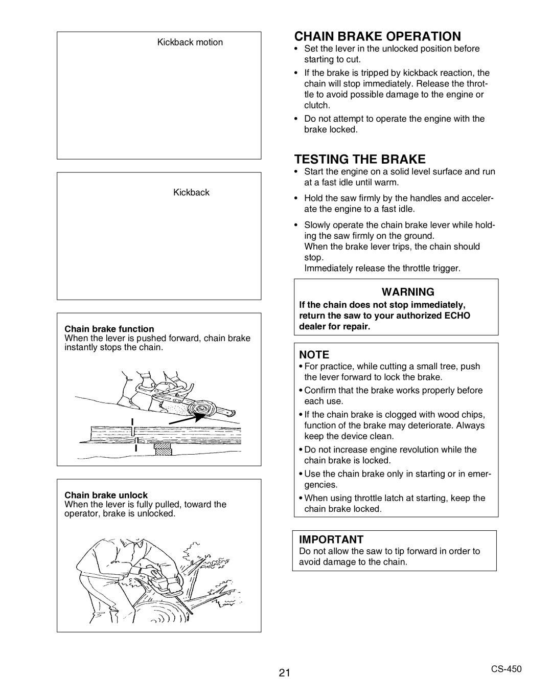 Echo X750010904, X7503196704 instruction manual Chain Brake Operation, Testing the Brake 