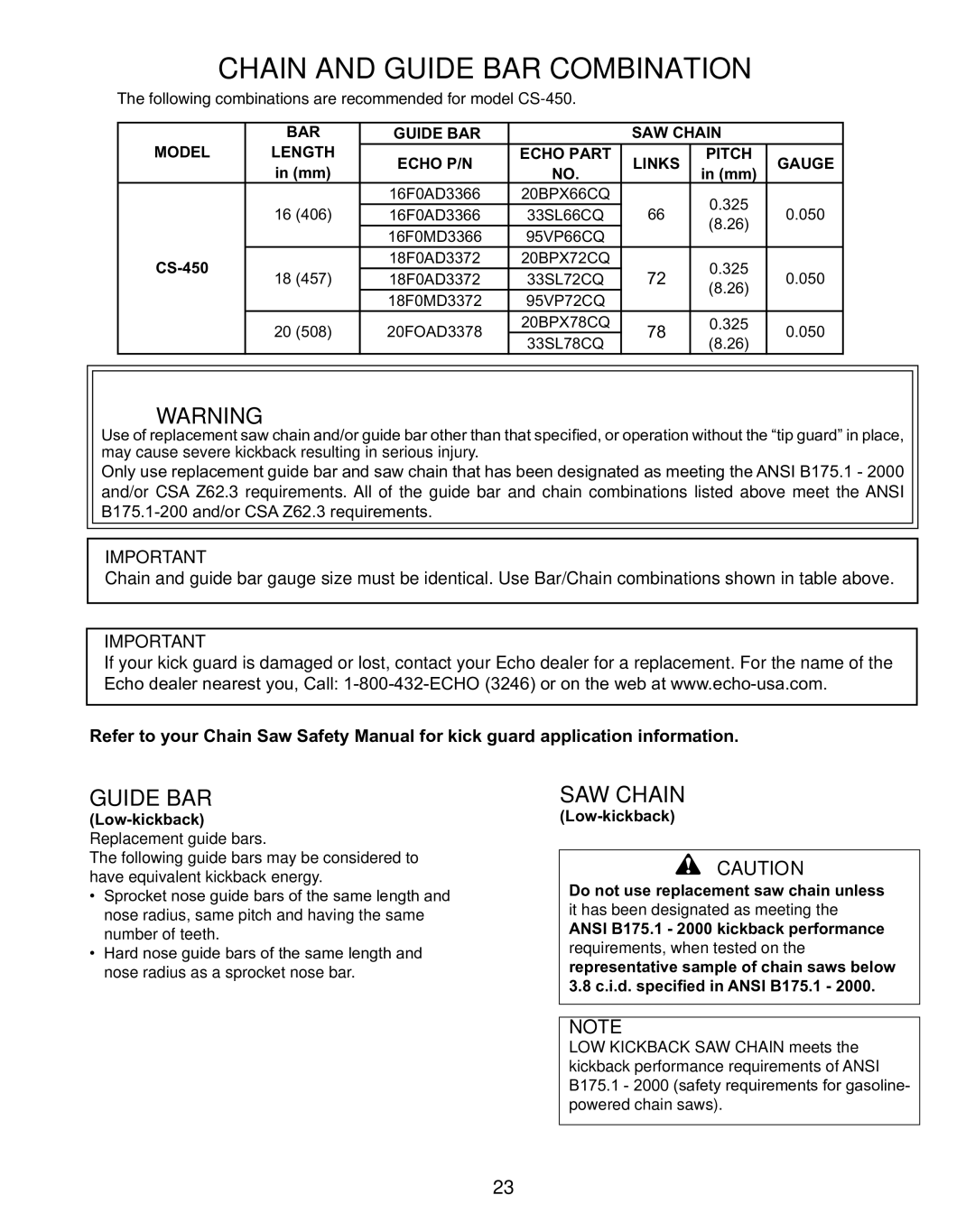 Echo X750010904, X7503196704 instruction manual Chain and Guide BAR Combination, CS-450 