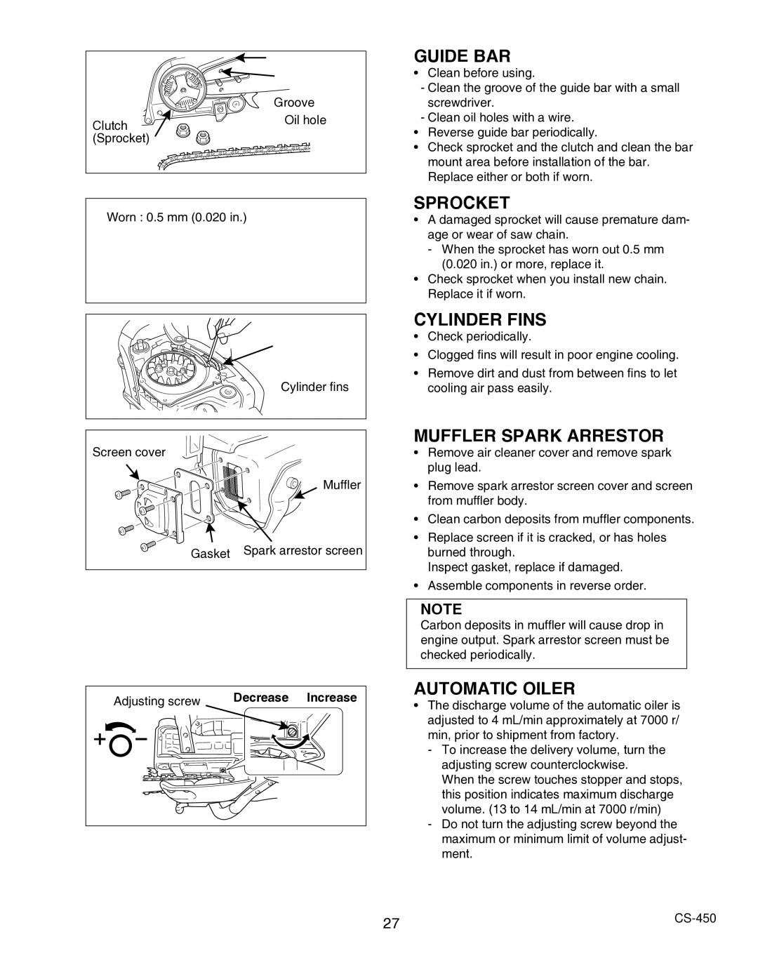 Echo X750010904, X7503196704 instruction manual Guide BAR, Sprocket, Cylinder Fins, Muffler Spark Arrestor, Automatic Oiler 