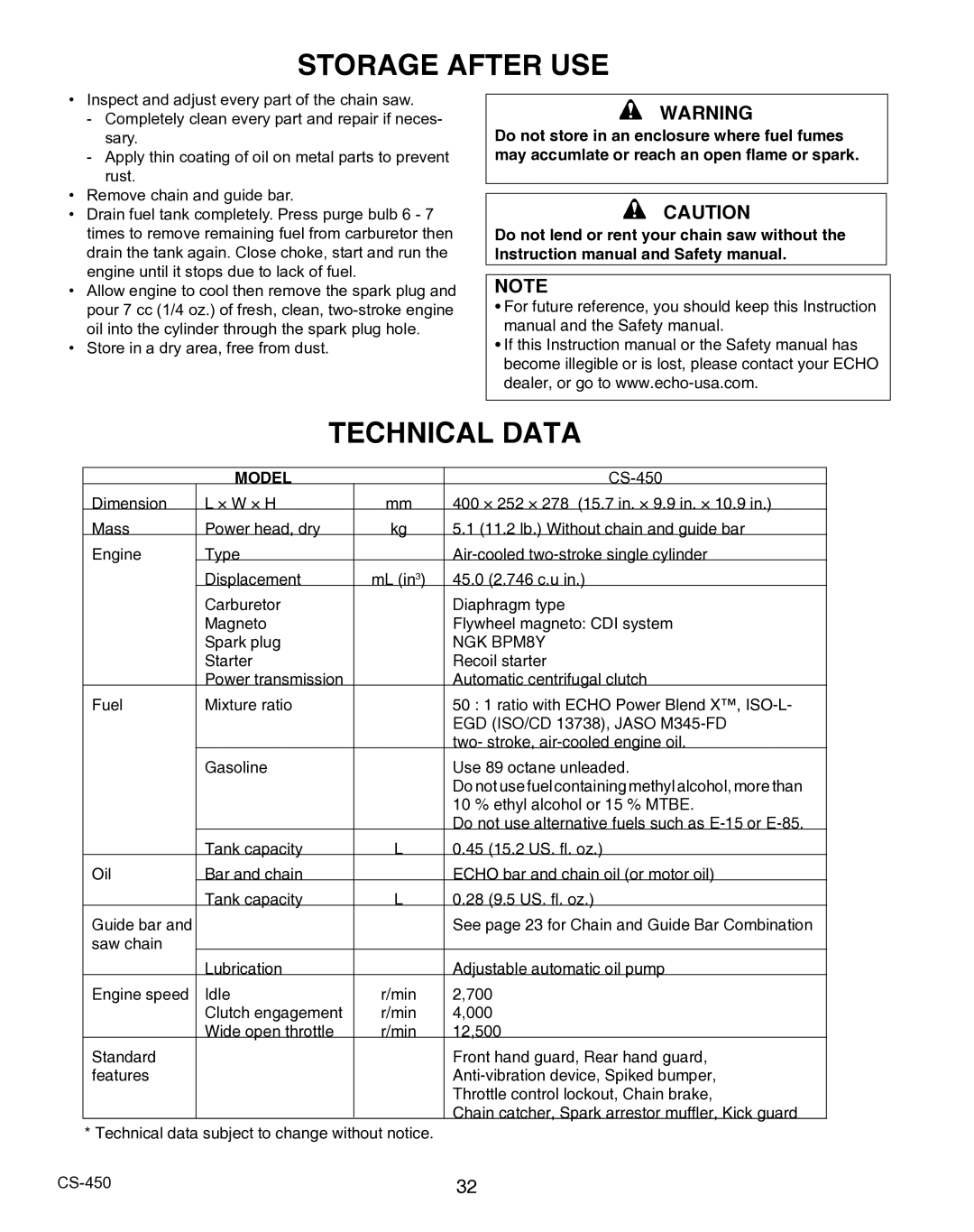 Echo X7503196704, X750010904 instruction manual Storage After USE, Technical Data 