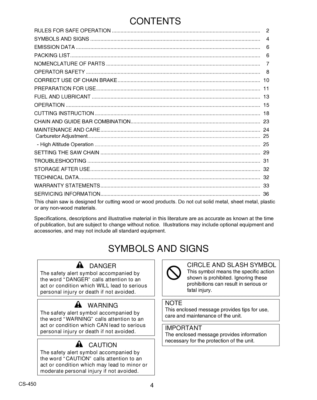 Echo X7503196704, X750010904 instruction manual Contents, Symbols and Signs 