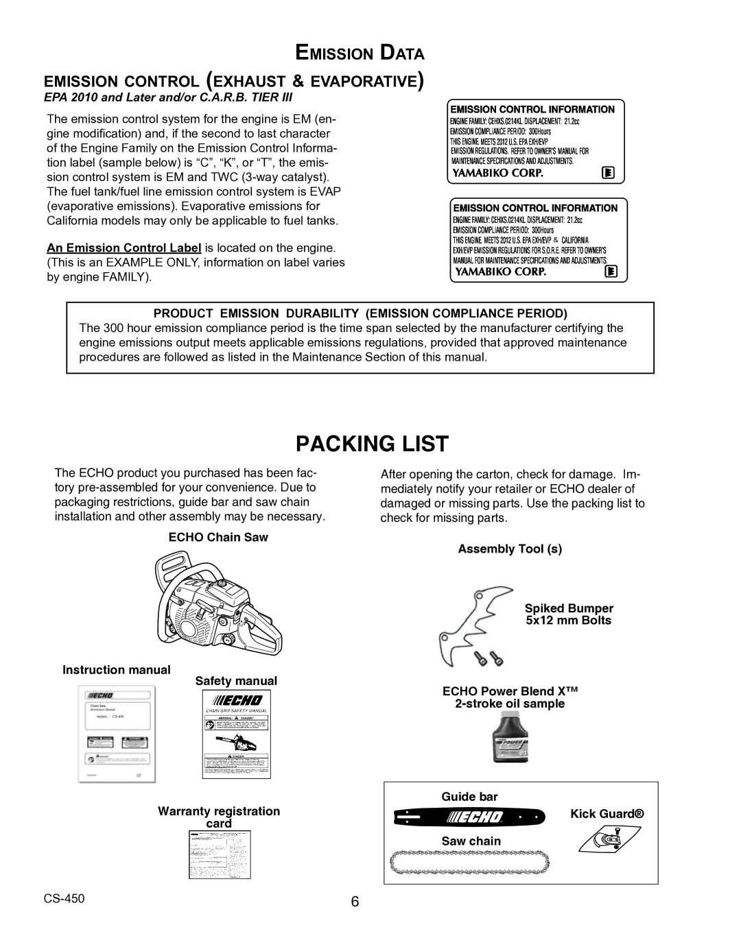 Echo X7503196704, X750010904 instruction manual Packing List, Emission Data emission control exhaust & evaporative 