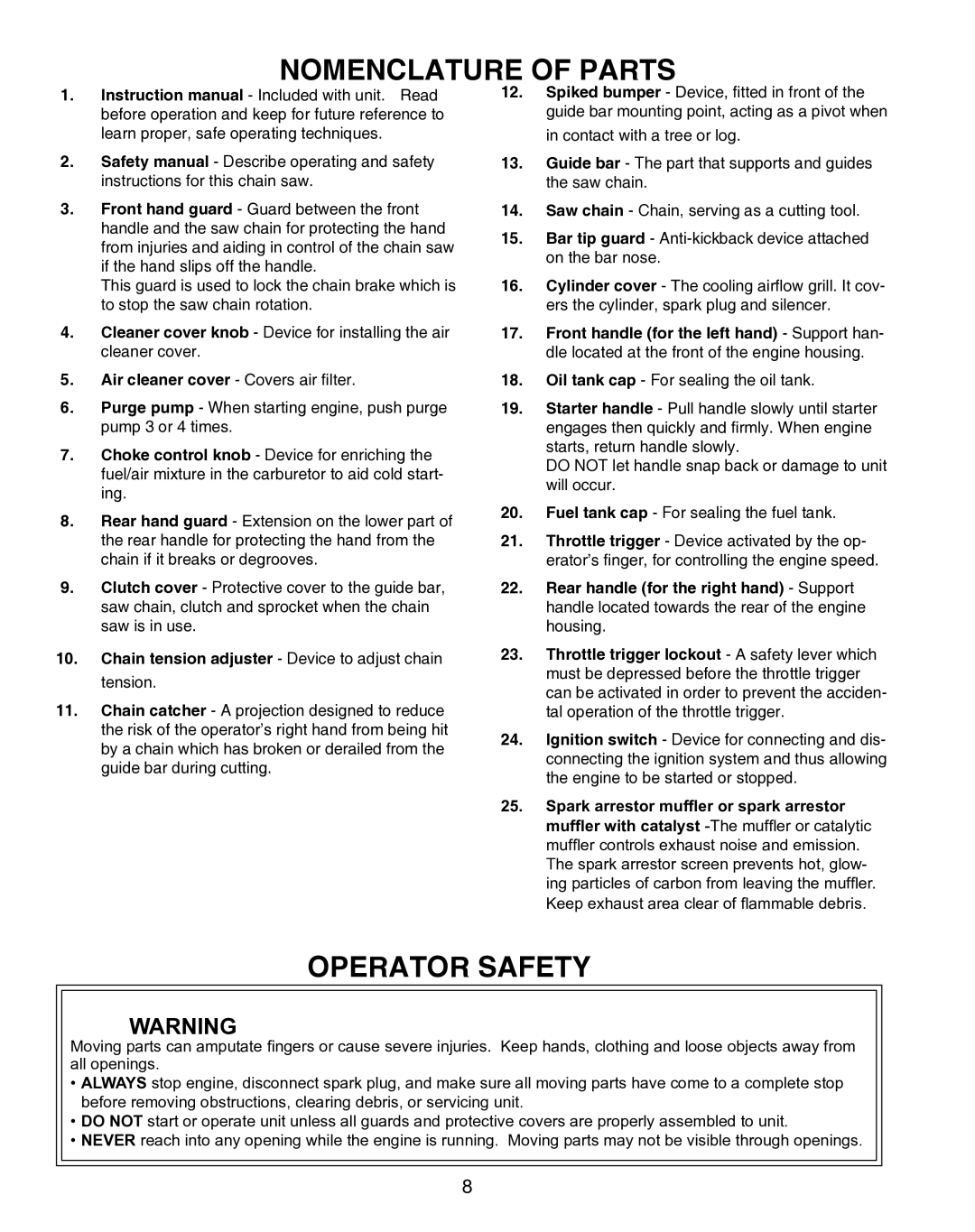 Echo X7503196704, X750010904 instruction manual Operator Safety, Front handle for the left hand Support han 