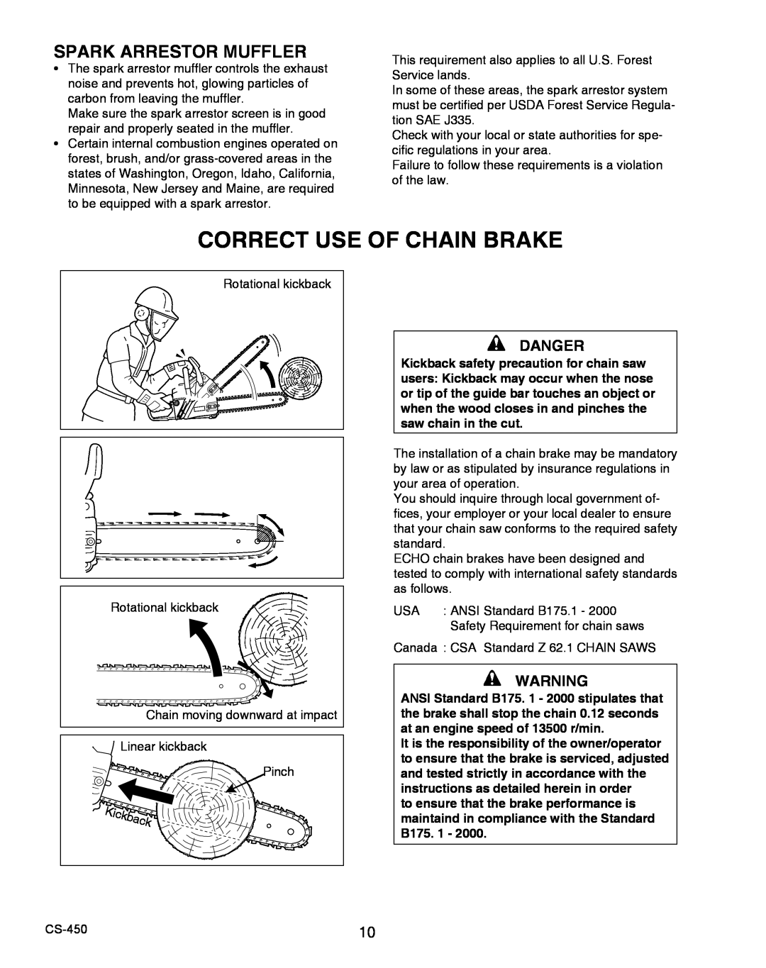 Echo X7503196704, X750010904 instruction manual Correct Use Of Chain Brake, Spark Arrestor Muffler, Danger 