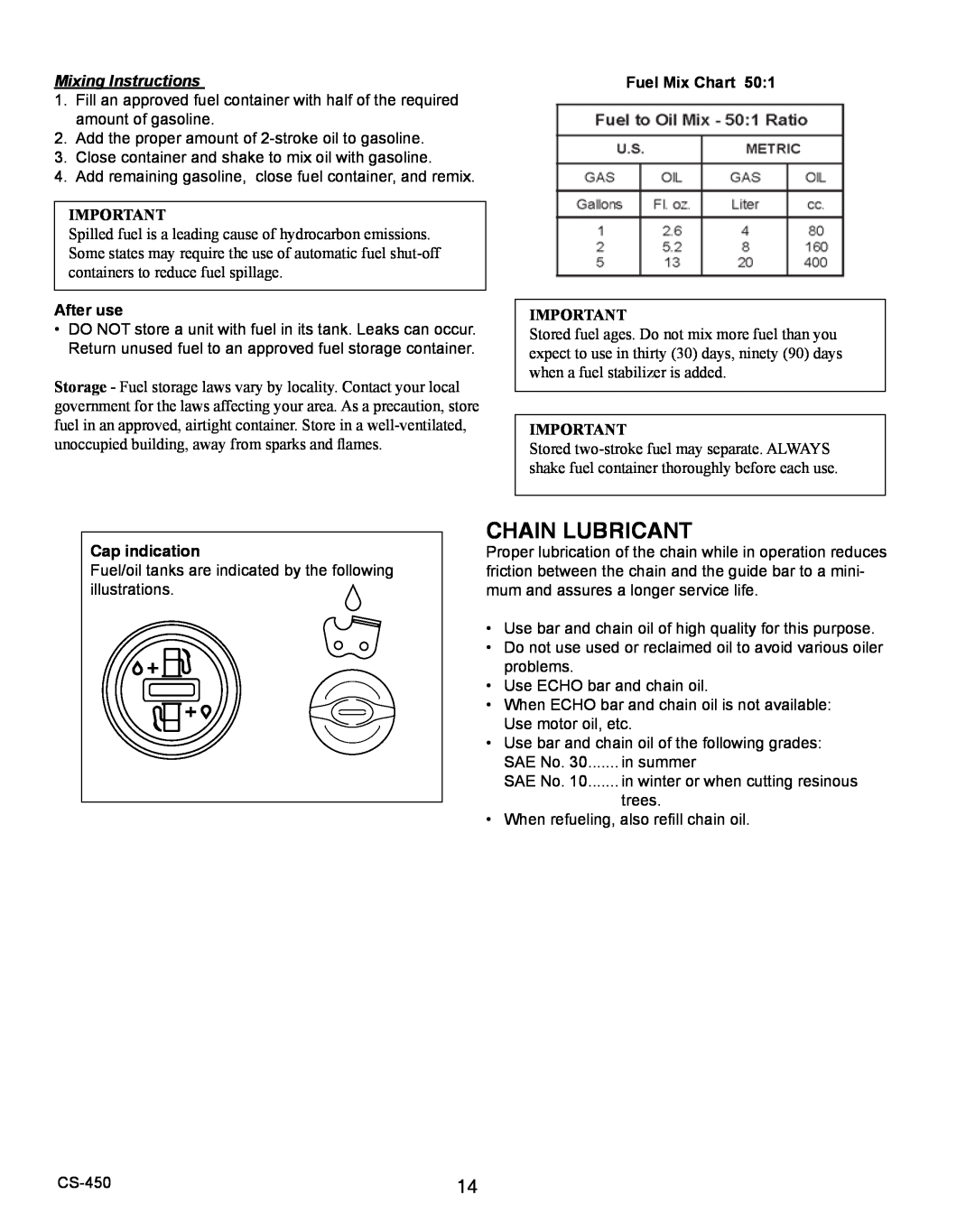 Echo X7503196704, X750010904 instruction manual Chain Lubricant, Mixing Instructions, Cap indication 