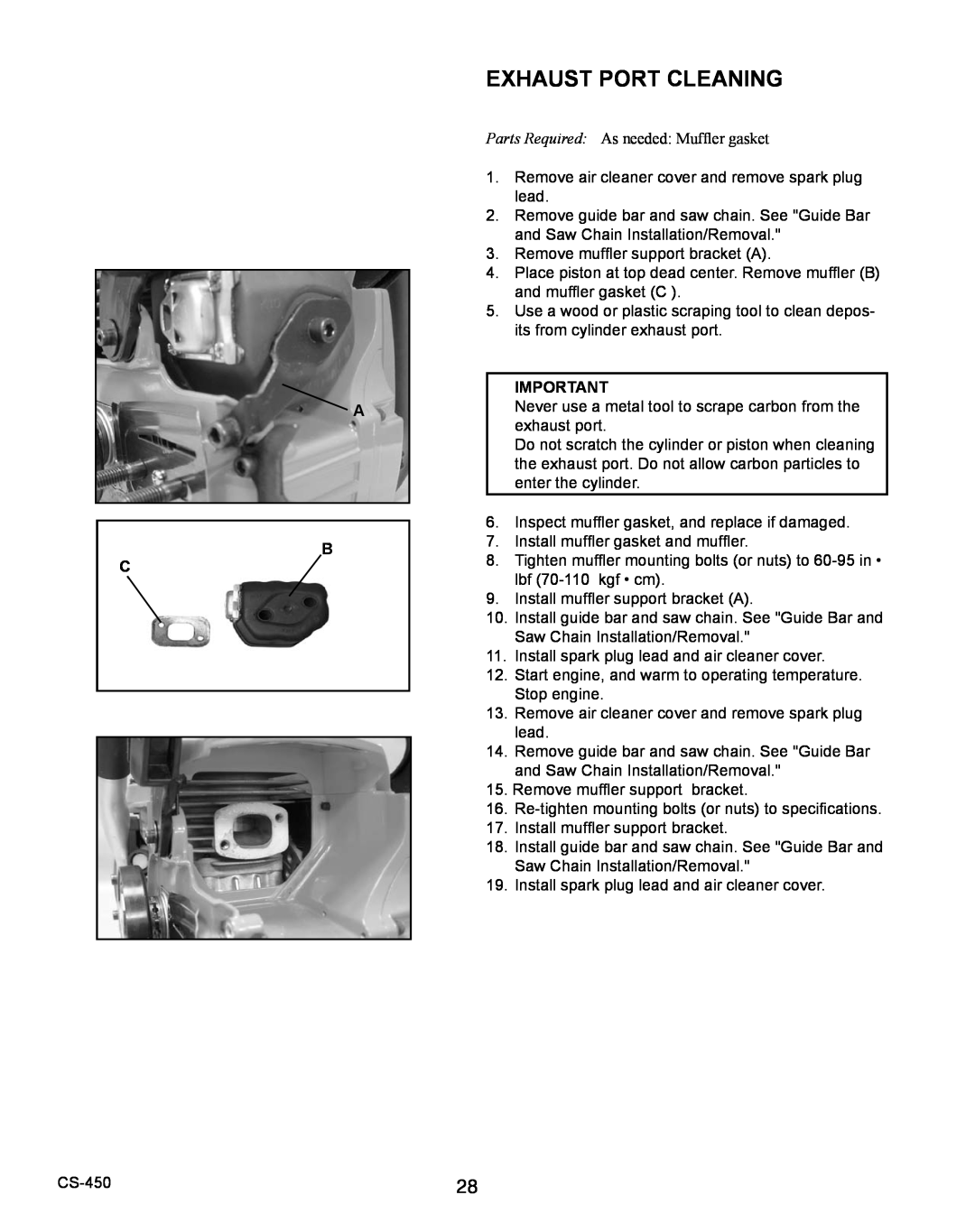 Echo X7503196704, X750010904 instruction manual Exhaust Port Cleaning, A B C 