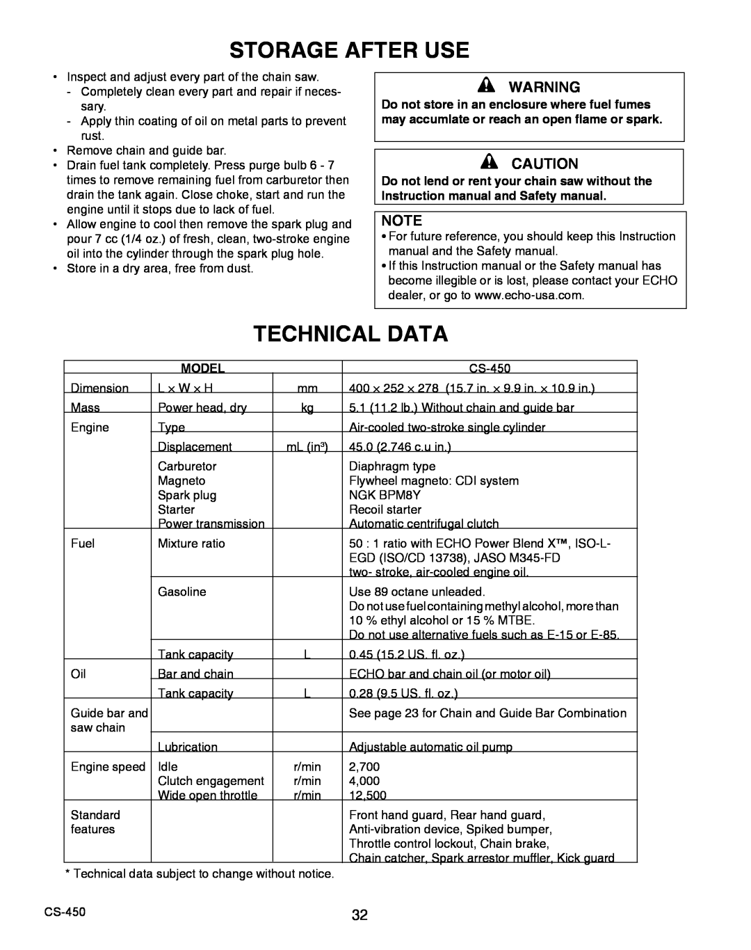 Echo X7503196704, X750010904 instruction manual Storage After Use, Technical Data, Model 