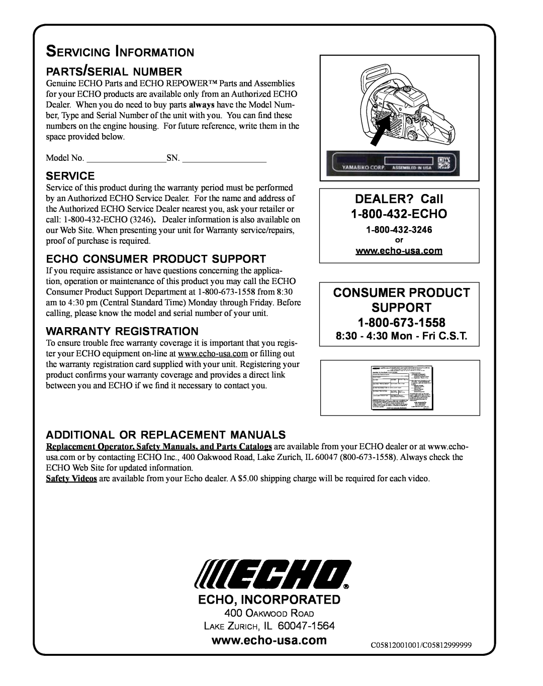 Echo X7503196704 DEALER? Call 1-800-432-ECHO, Consumer Product Support, Echo, Incorporated, service, warranty registration 