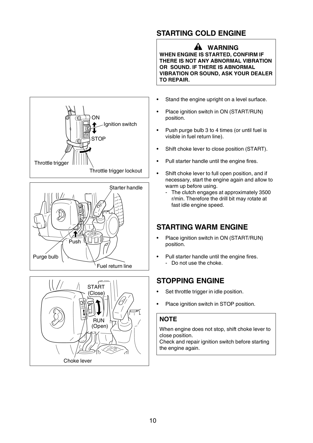 Echo X750409-3607, X750-005 05 7 manual Starting Cold Engine, Starting Warm Engine, Stopping Engine 