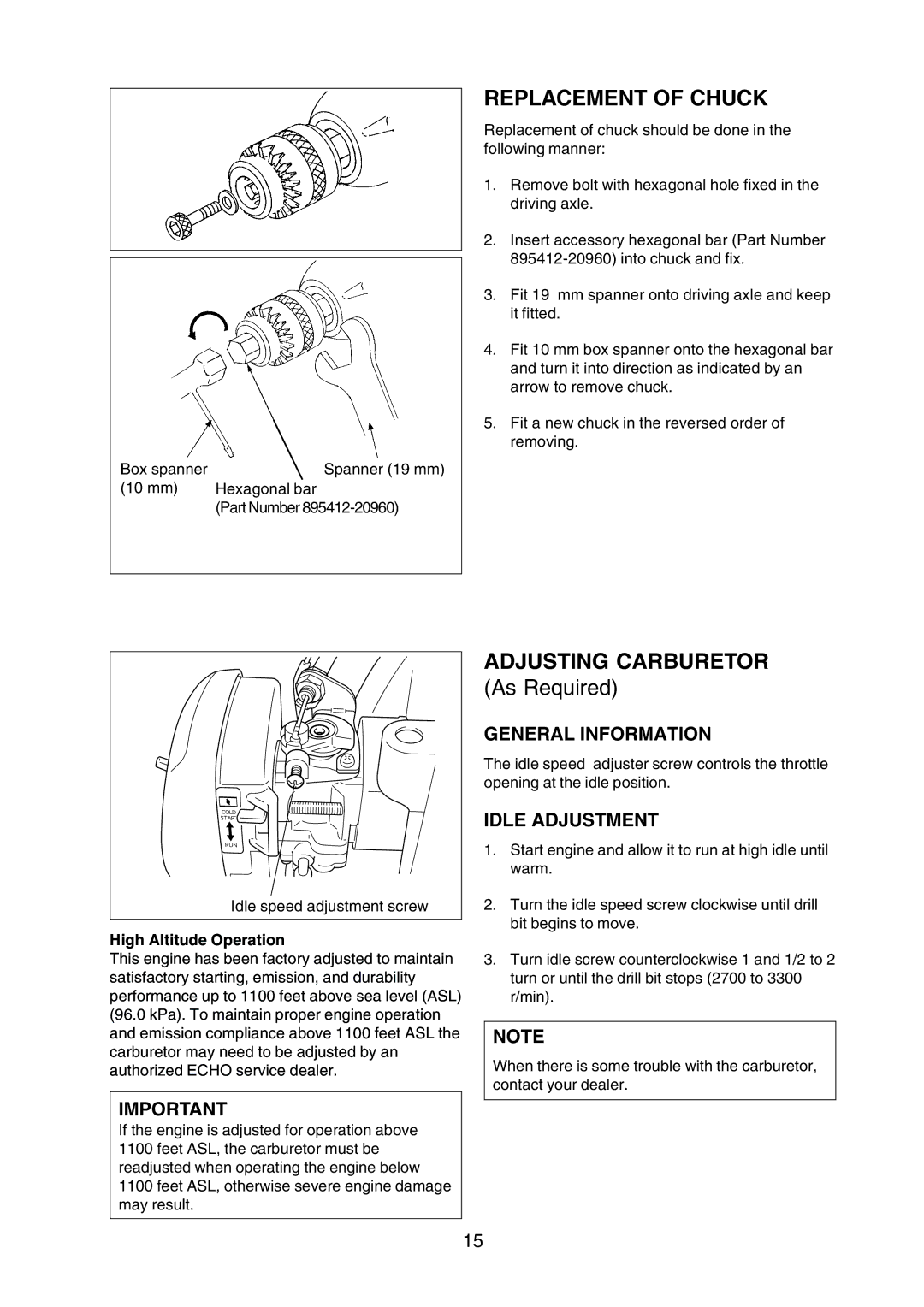 Echo X750-005 05 7, X750409-3607 manual Replacement of Chuck, Adjusting Carburetor, High Altitude Operation 