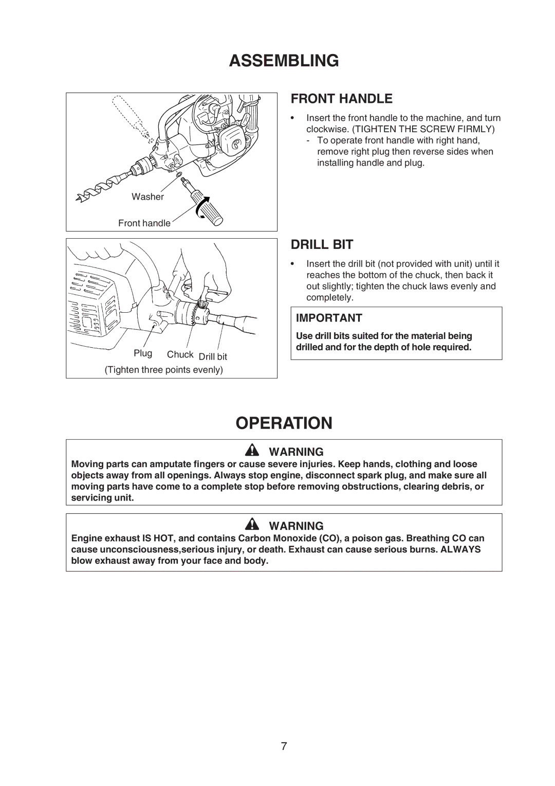 Echo X750-005 05 7, X750409-3607 manual Assembling, Operation, Front Handle, Drill BIT 