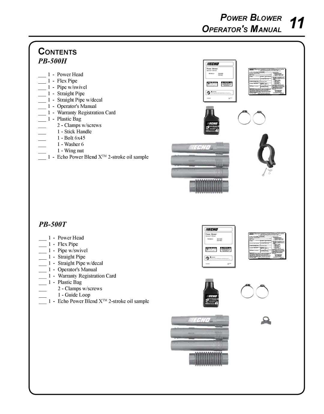 Echo X750011585, X7505200005, 11-Dec manual Contents, Echo Power Blend XTM 2-stroke oil sample 