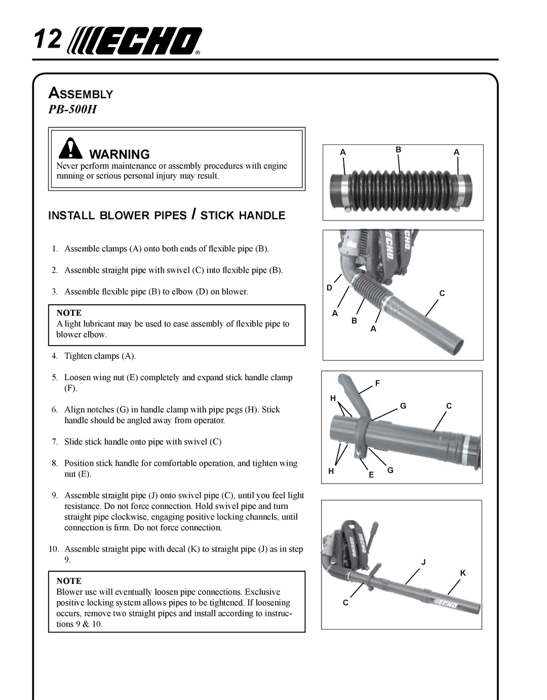 Echo X7505200005, 11-Dec, X750011585 manual Assembly, Install blower pipes / stick handle 