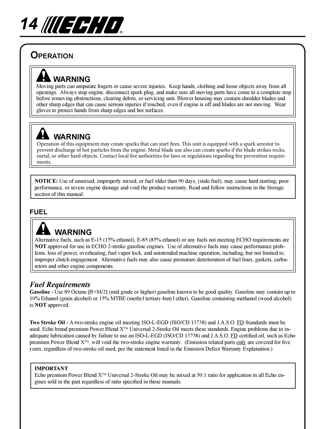 Echo X750011585, X7505200005, 11-Dec manual Fuel Requirements, Operation 