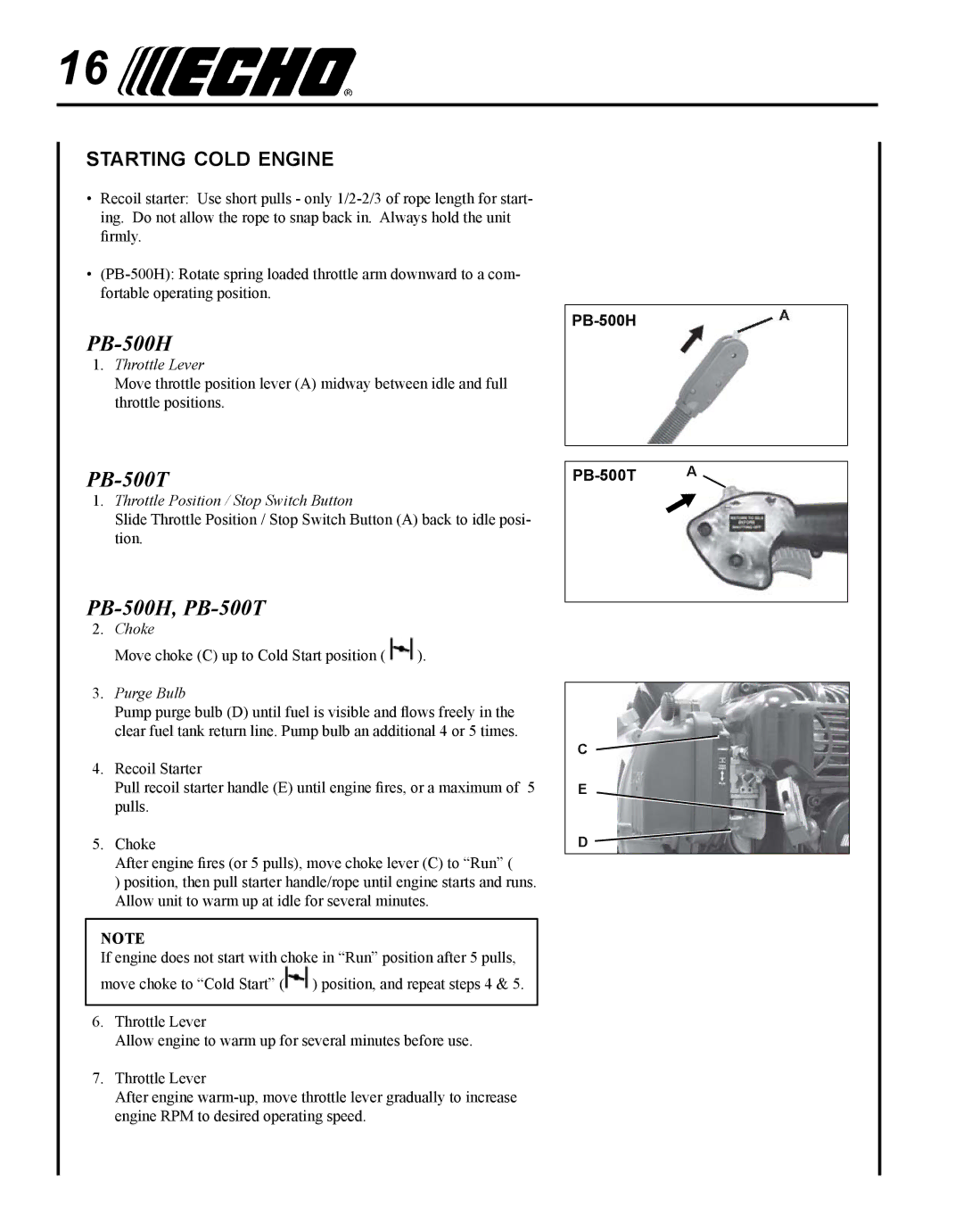 Echo 11-Dec, X7505200005, X750011585 manual PB-500H, PB-500T, Starting cold engine 