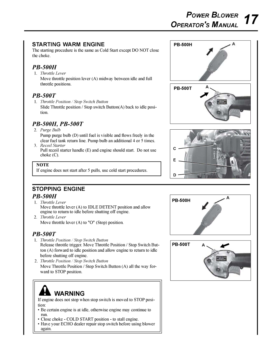 Echo X750011585, X7505200005, 11-Dec manual Starting warm engine, Stopping engine 