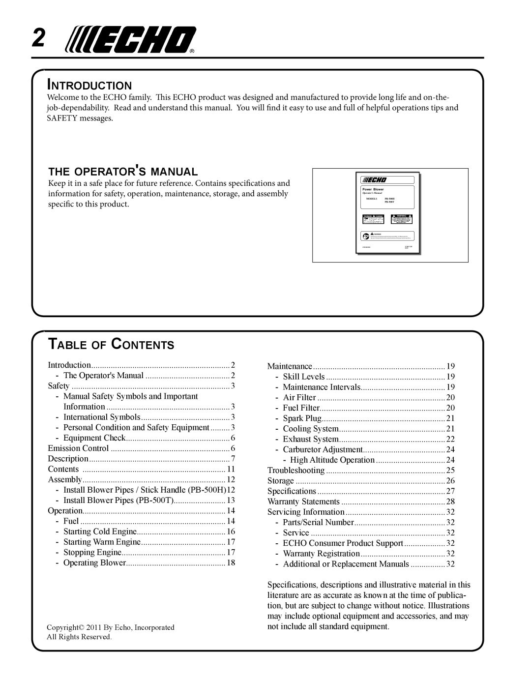 Echo X750011585, X7505200005, 11-Dec Introduction, Operators manual, Table of Contents 