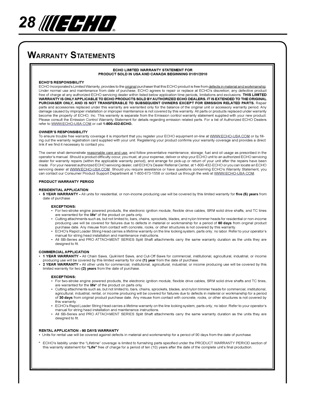 Echo 11-Dec, X7505200005, X750011585 manual Warranty Statements, Exceptions 