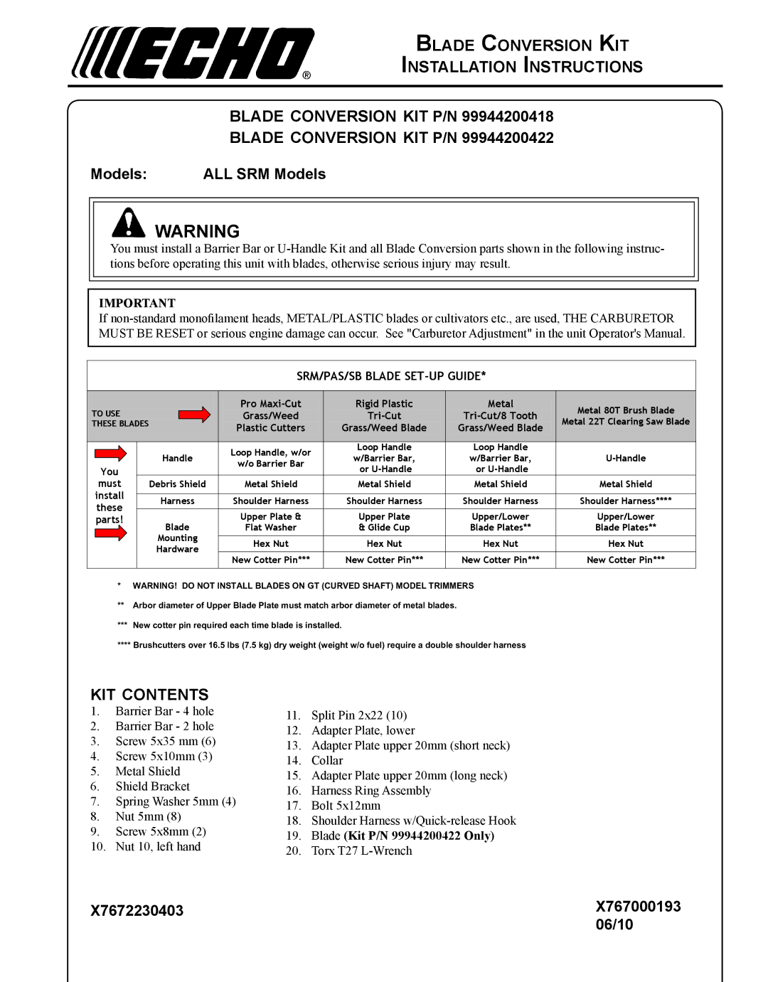 Echo X767000193, X7672230403 installation instructions Kit contents 