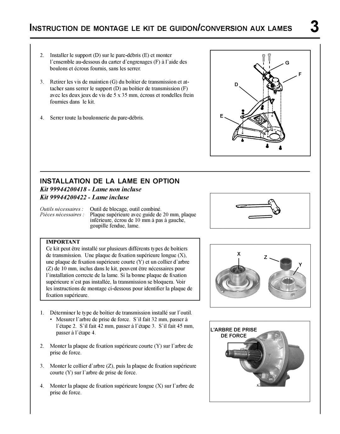 Echo X767000193 Instruction de montage le kit de guidon/conversion aux lames, Installation de la lame en option 