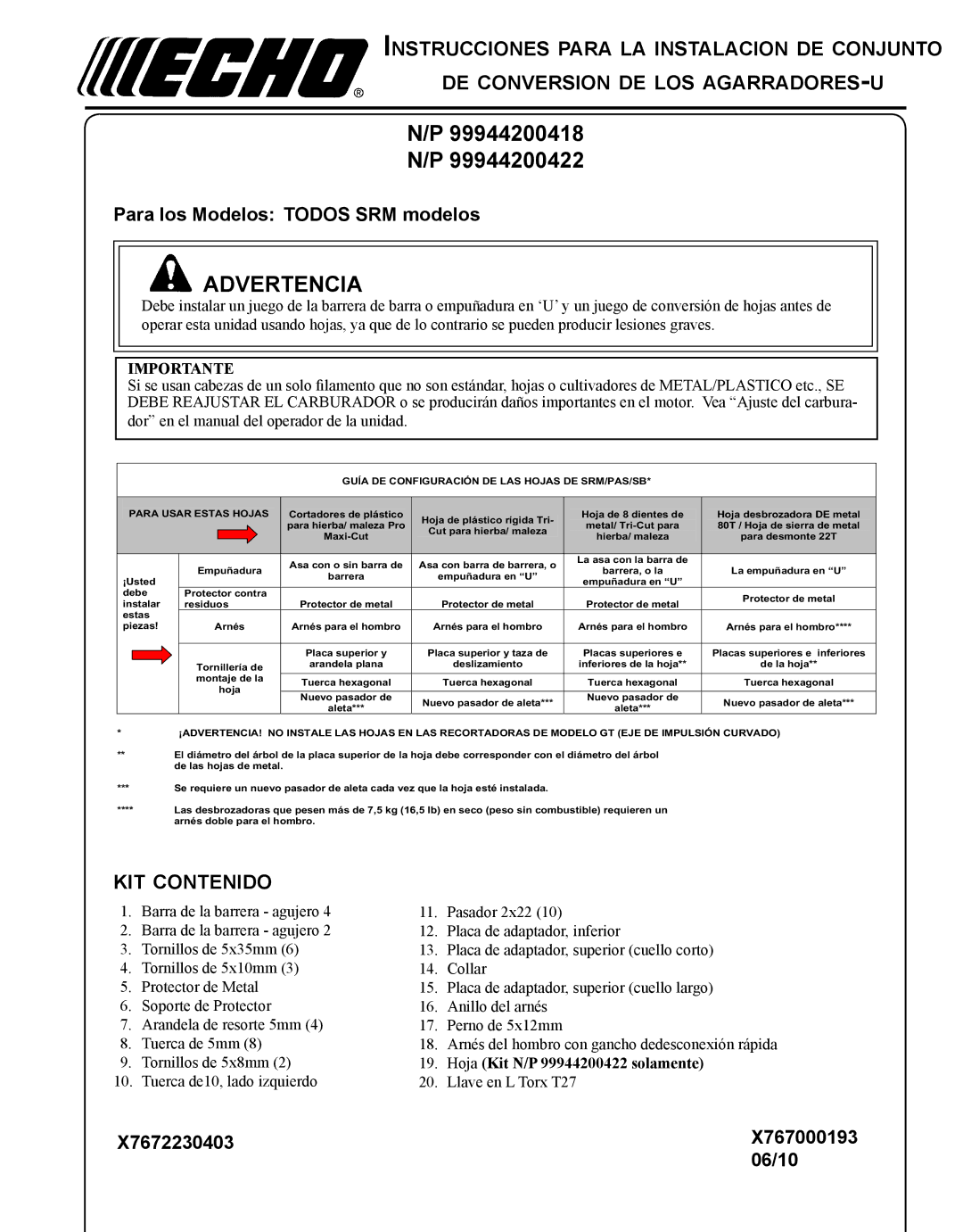 Echo X767000193, X7672230403 installation instructions Advertencia, Kit contenido 