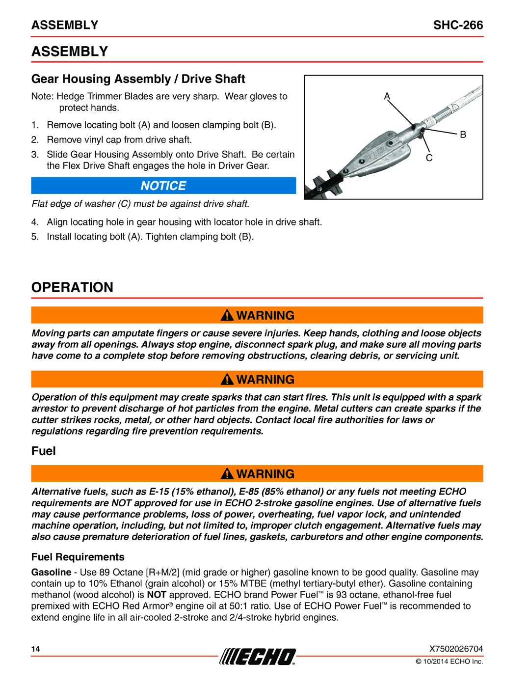 Echo X772000164, X7722271404 specifications Operation, Gear Housing Assembly / Drive Shaft, Fuel Requirements 