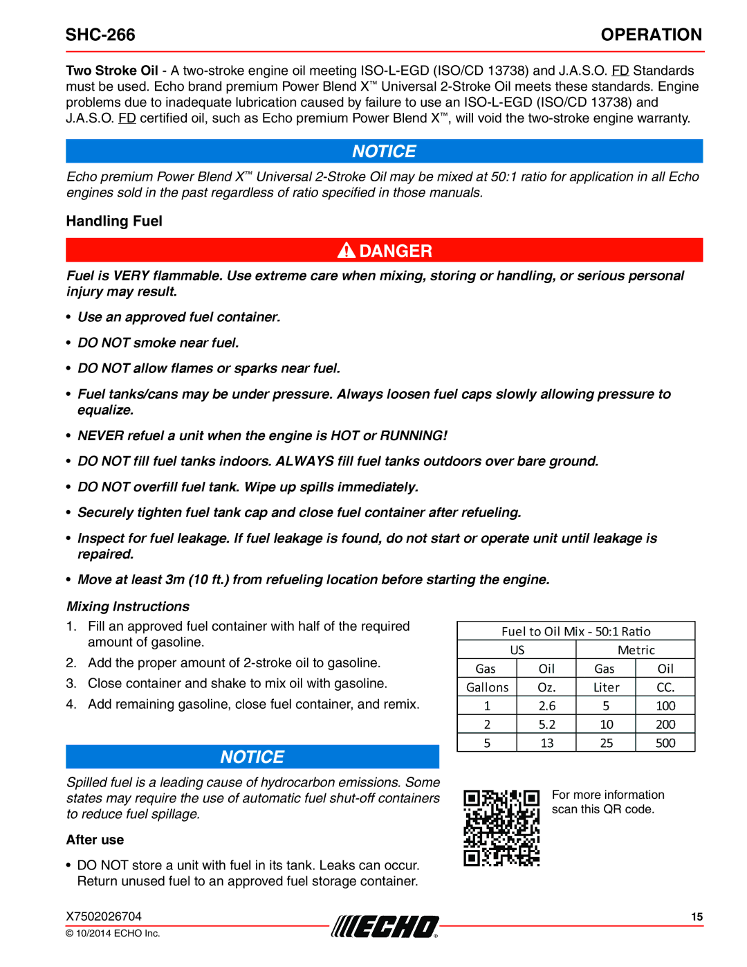 Echo X7722271404, X772000164 specifications Operation, Handling Fuel 