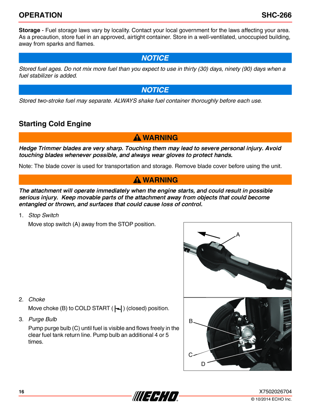 Echo X772000164, X7722271404 specifications Starting Cold Engine, Purge Bulb 