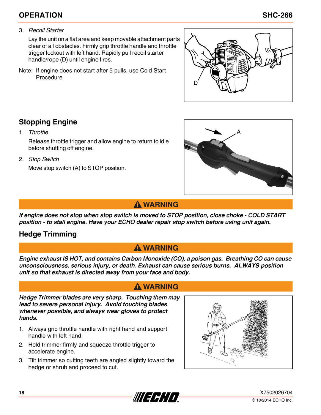 Echo X772000164, X7722271404 specifications Stopping Engine, Hedge Trimming 